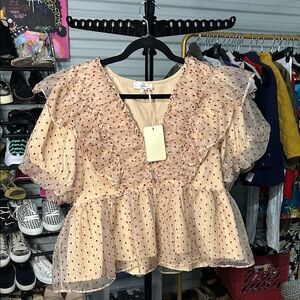 Entro Cream Blouse with Red Dotted Ruffles